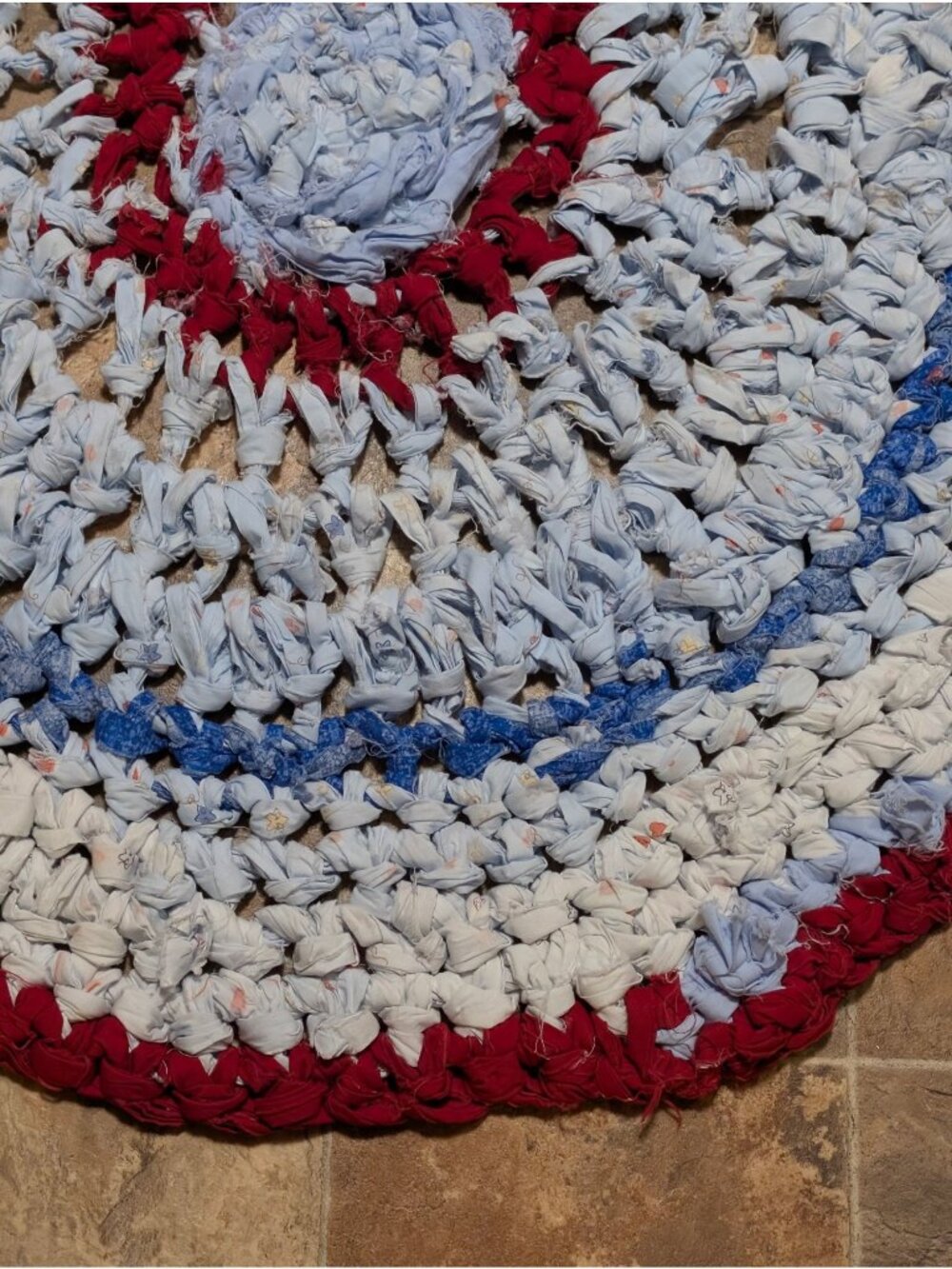 Handmade Round Crocheted Rug In Red White & Blue With Upcycled Fabric Strips - R - Picture 2 of 5